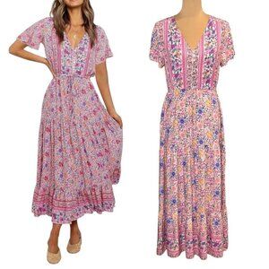R Vivimos Tiered Floral Maxi Dress Sz.S Pink Short Sleeve Cottage Boho Romantic